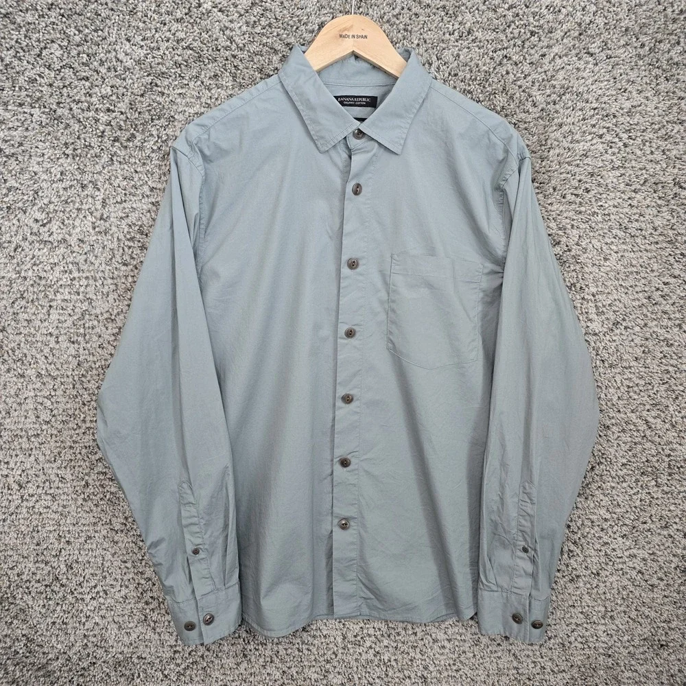 Banana Republic Shirt Mens Large Blue Gray Button Up Organic‎ Cotton Untucked